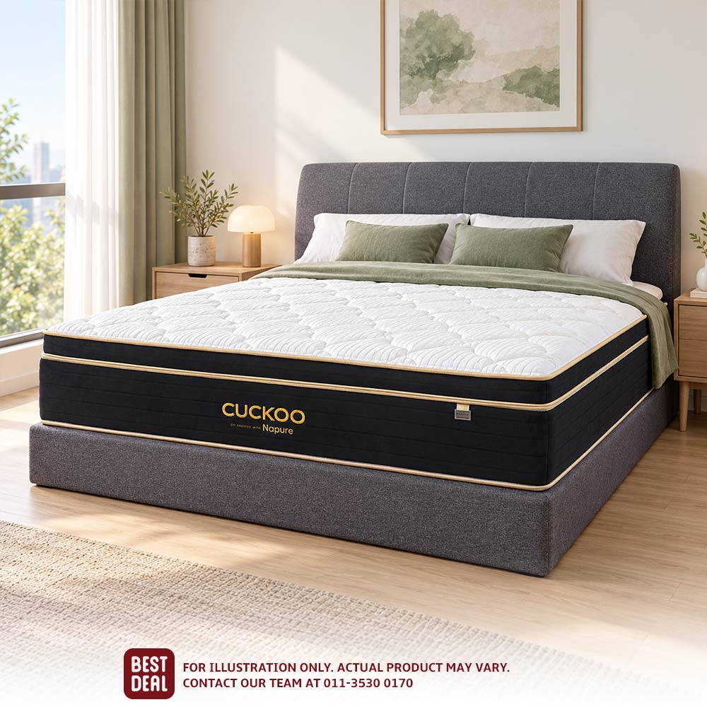 Illustration of a CUCKOO A-Luxe Queen mattress with bedframe in a bedroom