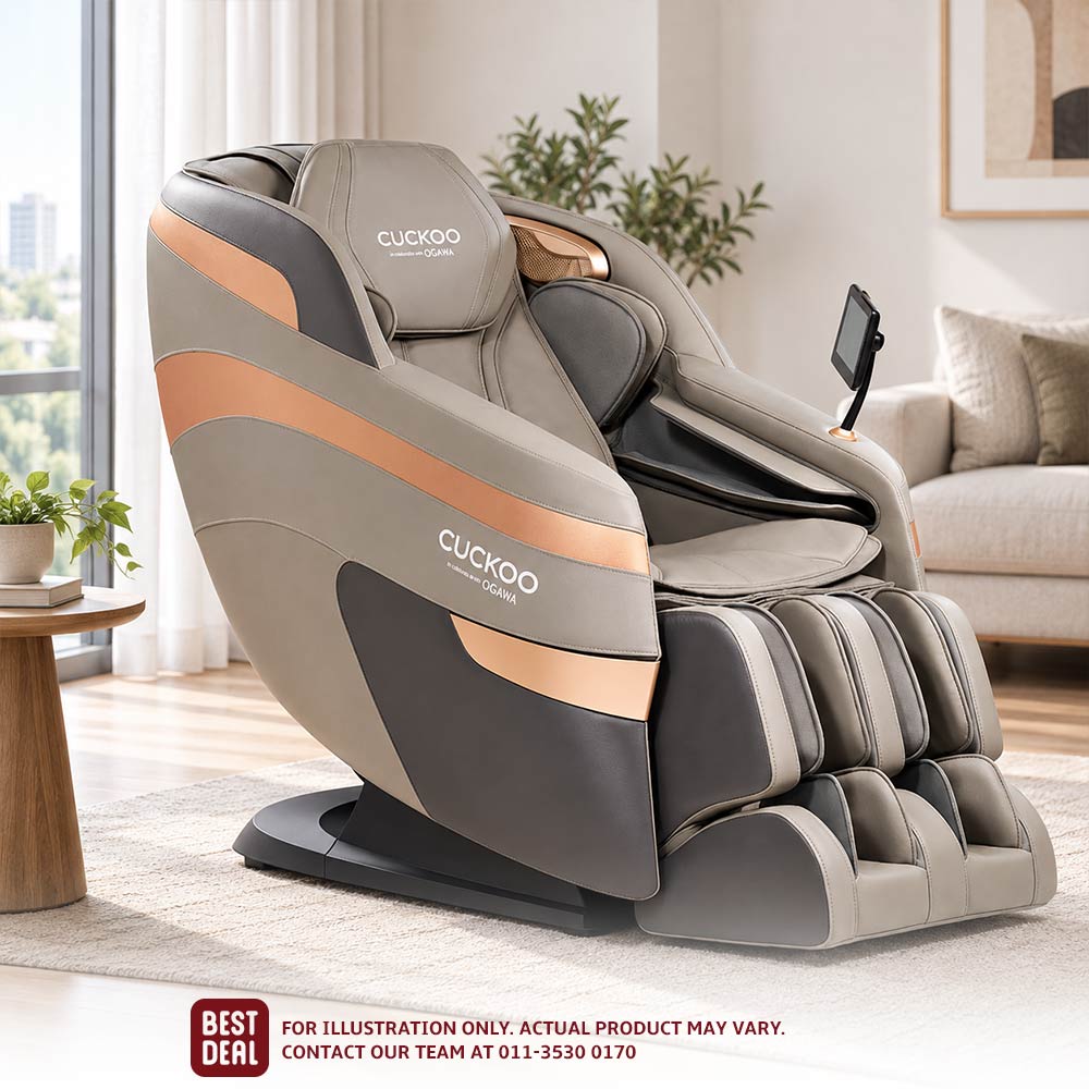 Illustration of a CUCKOO massage chair in a living room
